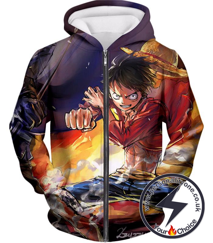 One Piece Super Cool Rubber Man Monkey D Luffy Fan Art Action Zip Up Hoodie